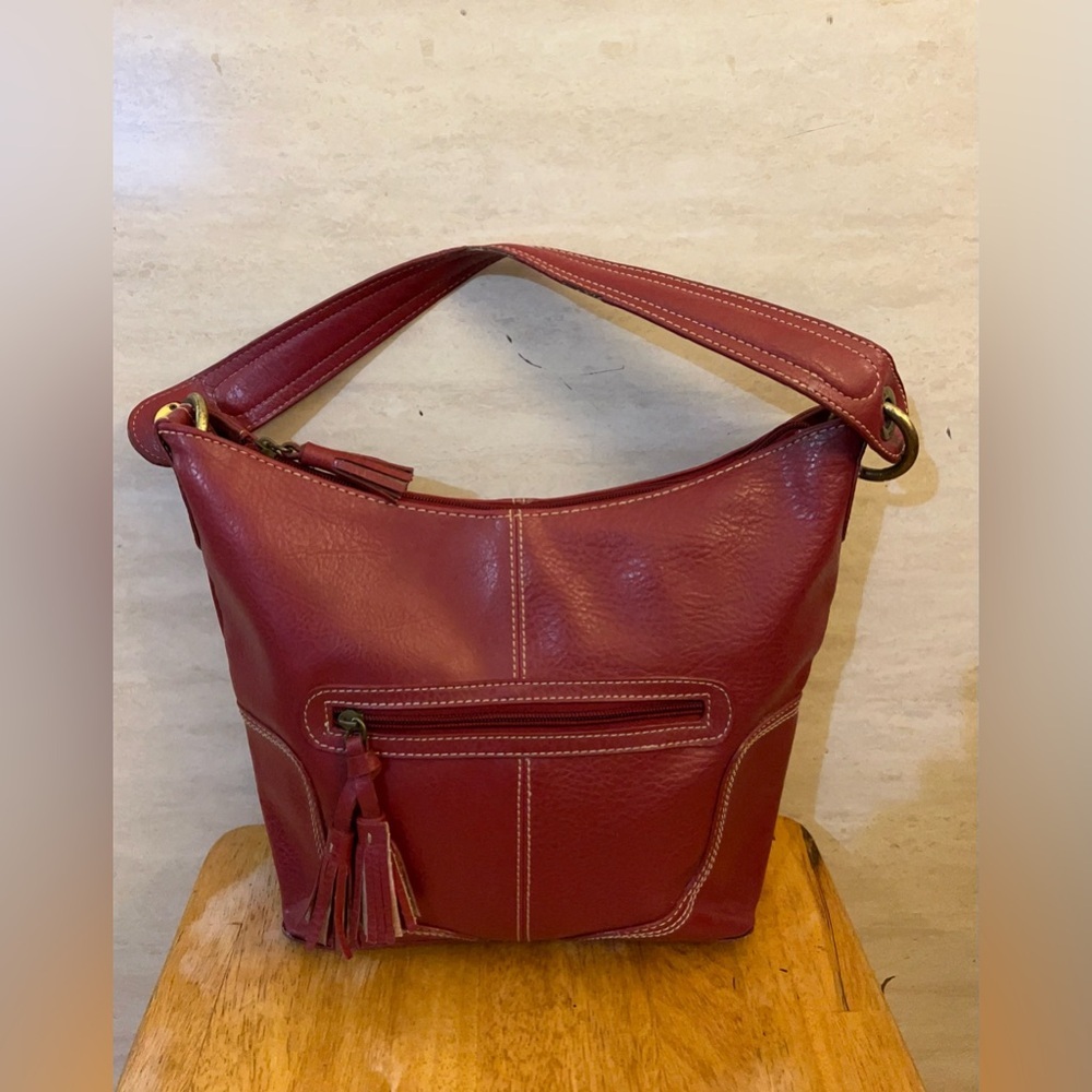 Tommy Hilfiger Red Leather Shoulder Bag with Tassel Zip Pocket
